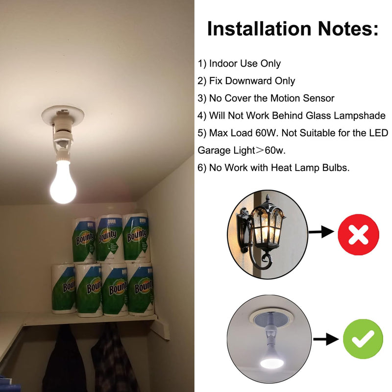 PIR Motion Sensor Light Socket,E26/E27 Smart Lamp Bulb Holder Adapter Auto On/Off Light Control Suitable for Garage Basement Porch Storage Room Indoor Use Only