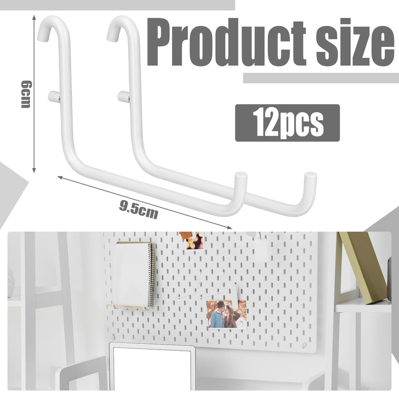 12 Pcs Pegboard Hooks, 6 x 9.5 Centimeters, Pegboard Accessories Compatible with IKEA Skadis Pegboard, Long Pegboard Hooks Set Metal Storage Tool Waterproof Home Office Indoor Supply (White) White