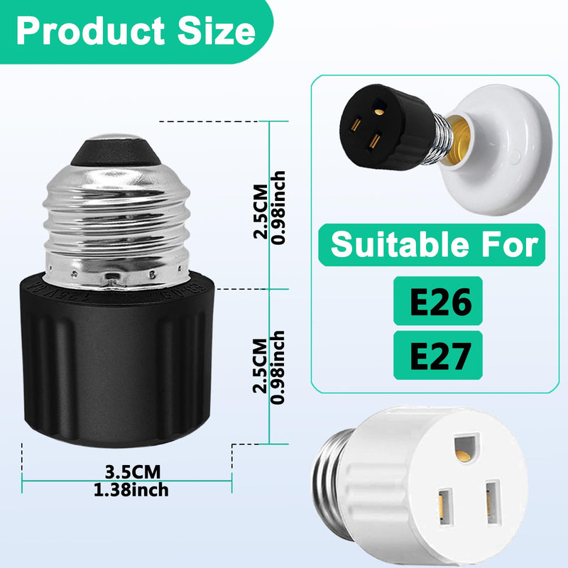 3 Pack,3 Prong Light Socket to Plug Adapter,E26/E27 Light Socket Outlet,Polarized Light Socket Adapter,2/3 Prong Outlet Socket Splitter Converter for Garage Porch,(2 Black 1 White) 2 Black 1 White Plug Adapter