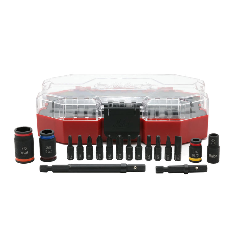 Malco KITCRB C-RHEX Socket Install Kit with Premium Case -Cleanable Reversible Hex Sizes (1/4"-9/16"), 2 Magnetic Shafts, 12 Impact-Rated Bits