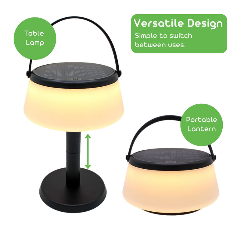 2-in-1 Portable Solar Power LED Table Lamp & Lantern - Indoor/Outdoor - Stepless Dimming - Rechargeable Battery - 330 lumens, 2700K - IP44 Weather Resistant - Black - 1 Pack