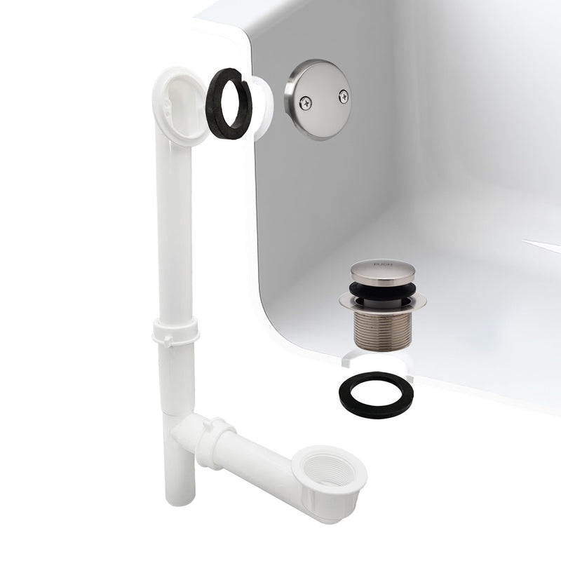Westbrass A593244-07 14" x 1-1/2" White Tubular Bathtub Waste & Overflow Assembly with Tip-Toe Drain Plug and 2-Hole Faceplate, Satin Nickel 1 Pack