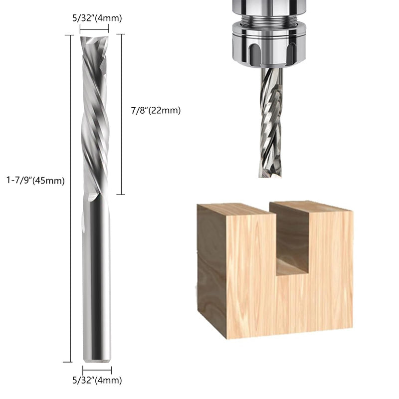 Compression CNC Spiral Router Bits 5PCS, 2 Flutes 5/32'' Shank Up Down Cut Solid Carbide End Mills, 7/8'' Cutting Length Milling Cutters CNC Bits for Wood Engraving Carving(4x22mm) 5/32'' Shank-5/32'' Dia-7/8'' CL