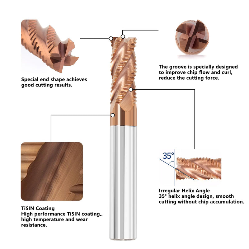 1/4" Tungsten Carbide Roughing End Mill 4 Flute Square Endmill CNC Milling Cutter Bits for Alloy Steels/Hardened Steels - TISIN Coated 1/4 in