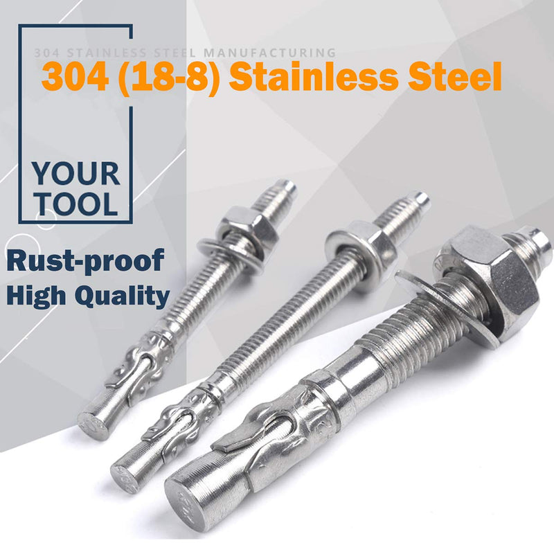 1/4" X 2-1/4" Concrete Anchor, 304 Stainless Wedge Anchor with Excellent Anti-Rust Performance, 304(18-8) Stainless Steel Concrete Anchors and Screws Kit (10pcs) 1/4" X 2-1/4"
