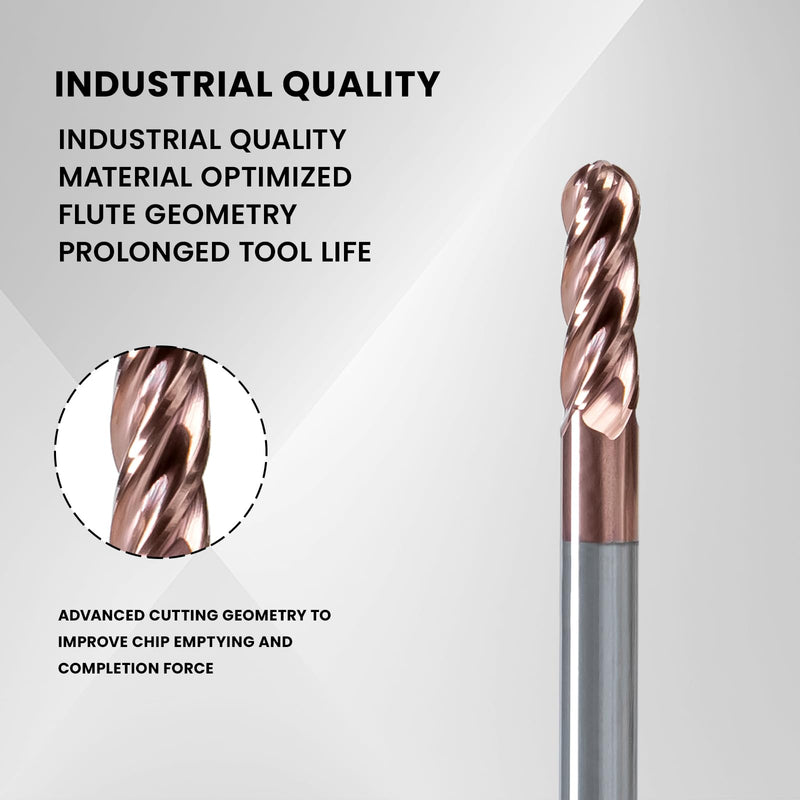 NZtools 4 Flute 1/16" Ball Nose Carbide Milling Head, 4 Flute CNC End Mill, AlTiN/TiAIN Coated Spiral Upcut Milling Cutter Tool HRC55 Microcrystalline for Alloy Steel Hardened Steel 1/16 inch 5