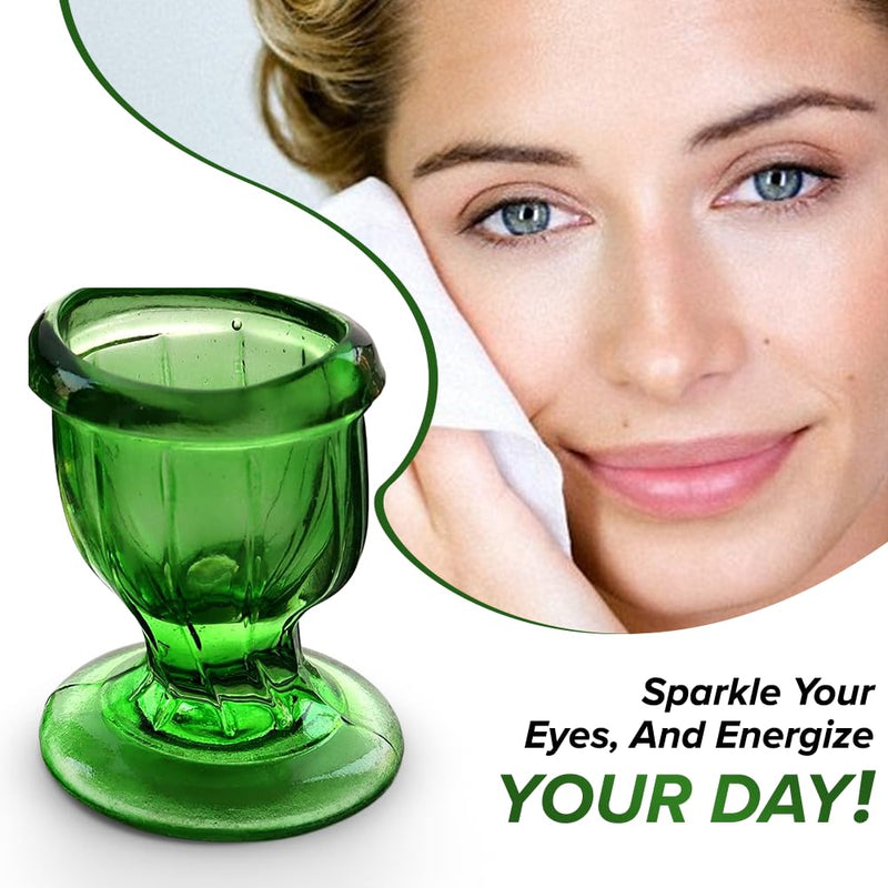 Set of 2 Eye Wash Cups with Storage Container | Eye Cleaner Solution for Tired Eyes, Eyestrain, Makeup and Dust | Eye-Shaped Rim for Eye Rinse and Cleansing - Green Pack of 2