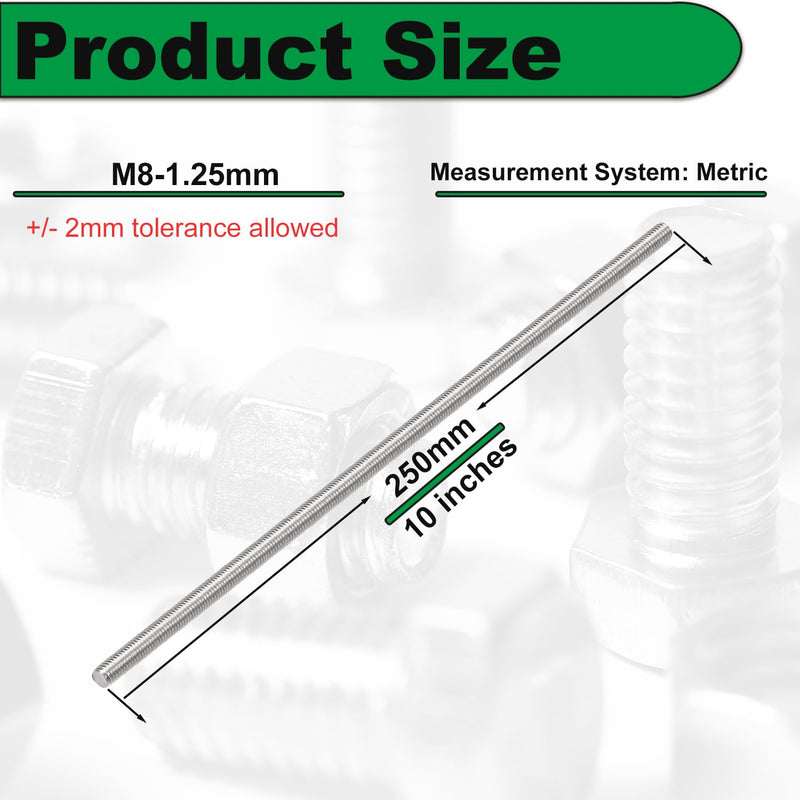 M8x250mm Fully Threaded Rod M8-1.25 2 Pcs Thread Rod 304 Stainless 10" Length Steel Right Hand Threads Metric Threaded Rod All Threaded Rod Studs Battery Post Extended