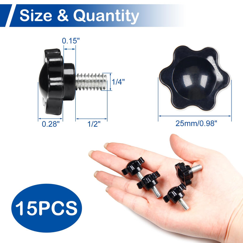 MroMax 15Pcs 1/4"-20 x 1/2" Threaded Knurled Thumb Nuts, Black Plastic Knobs Clamping Screws, Grip Knob Screw for Replacing Umbrella Base 1/4" x 1/2"