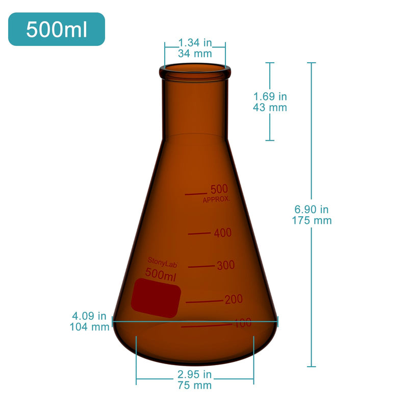 stonylab Borosilicate Glass Amber 500 ml Heavy Wall Narrow Mouth Erlenmeyer Flask with Heavy Duty Rim, Flat Bottom, Ideal for Mixing, Heating, and Lab Experiments