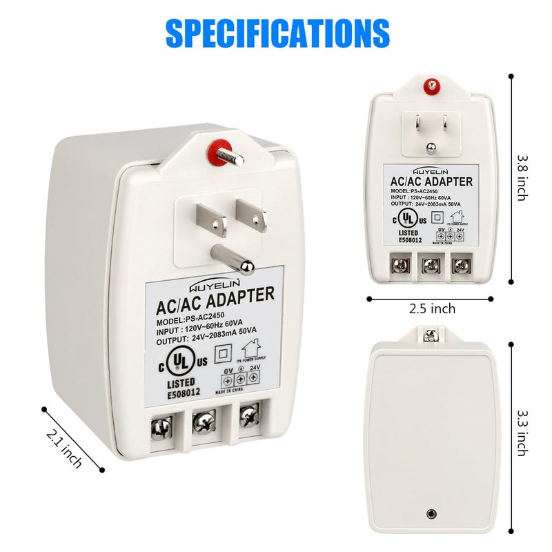 24VAC 50VA Wall Transformer with PTC Fuse Compatible with All Versions of Doorbell，Nest, Ecobee, Sensi and Honeywell Thermostat,Water Solftener,Screw Terminal Output