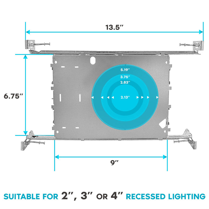 Luxrite New Construction Mounting Plate, 2-3-4 Inch, Extendable Hanger Bars, Sliding Plate, 4 Cutout Sizes - Recessed Lighting Shallow Housing 1 Count (Pack of 1)