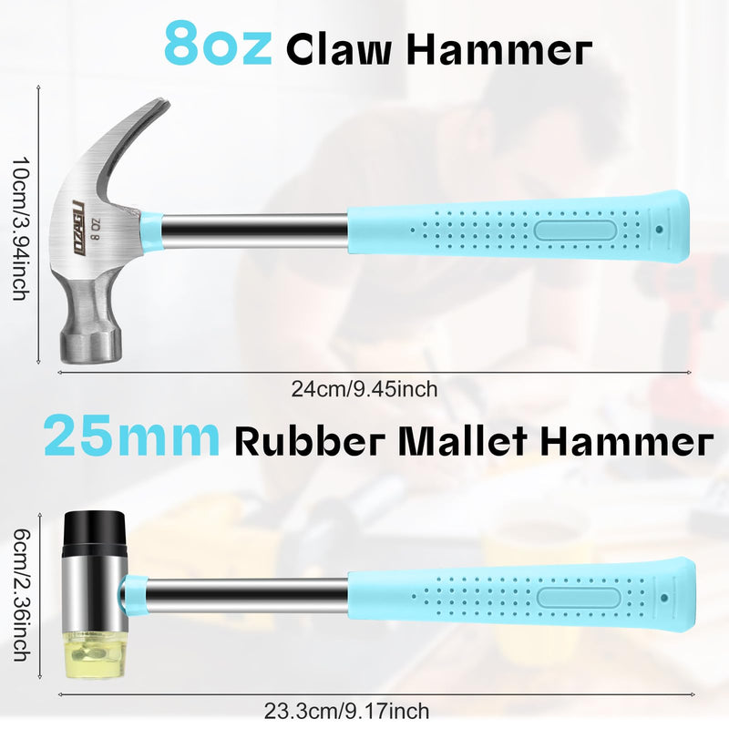 8oz Hammer, 2-Piece Small Claw Hammer & Rubber Mallet Hammer Mini Hammer Set Blue