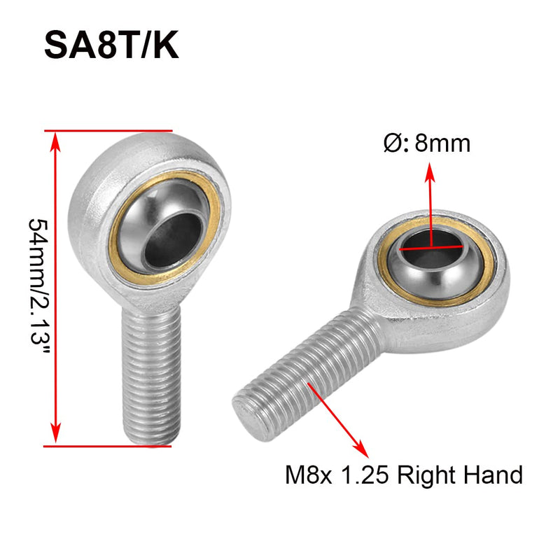 SA8T/K Rod End Bearing, 4pcs 8mm Bore Self Lubricating M8x1.25mm Metric Male Thread Right Hand Heim Joint with Jam Nuts SA
