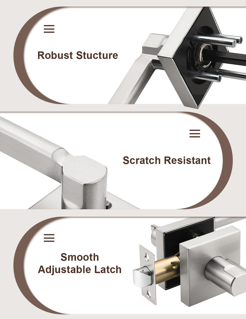 2 Pack Square Brushed Nickel Door Handles Interior, Non-Locking Interior Passage Door Lock Hallway/Closet Door Lever, Heavy Duty Modern Door Handle 2 Passage Door Lever