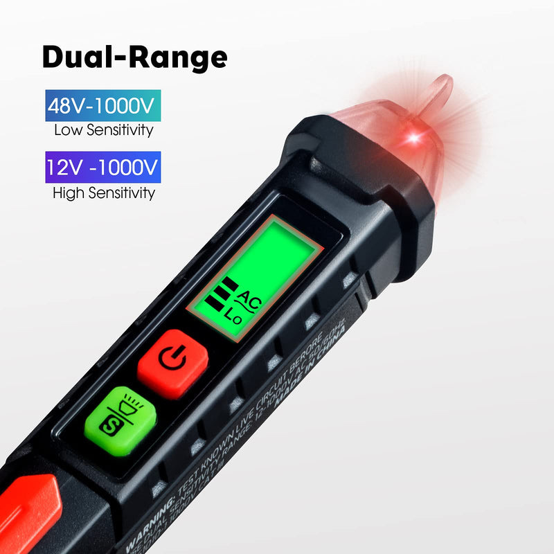 WGGE AC Voltage Tester/Non-Contact Voltage Tester with Dual Range AC 12V-1000V/48V-1000V, Electrical Pen with LCD Display and Flashlight Buzzer Alarm, Detect wire Breakpoint, Live/Null Wire Tester