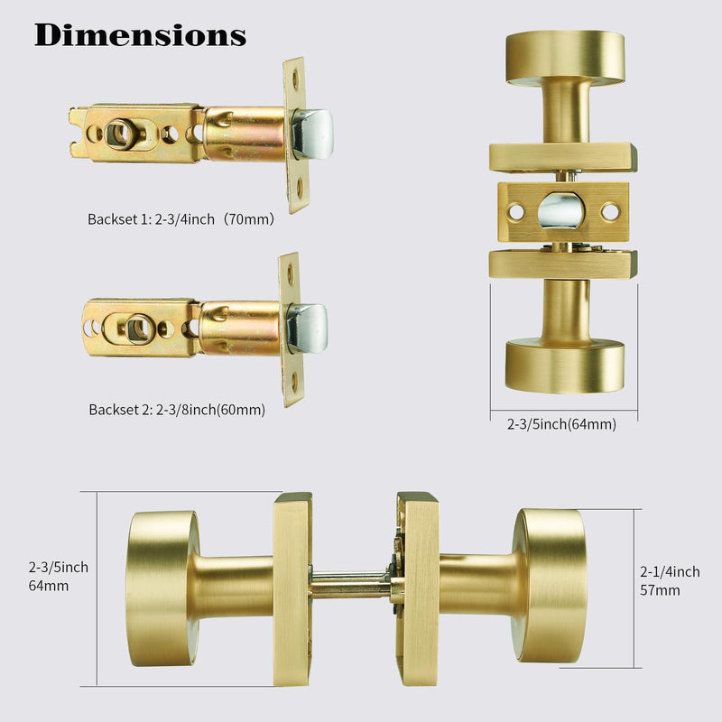 Gold Door Knobs,Passage Modern Satin Brass Door Handles Square Rosette for Interior Hallway Closet Passage