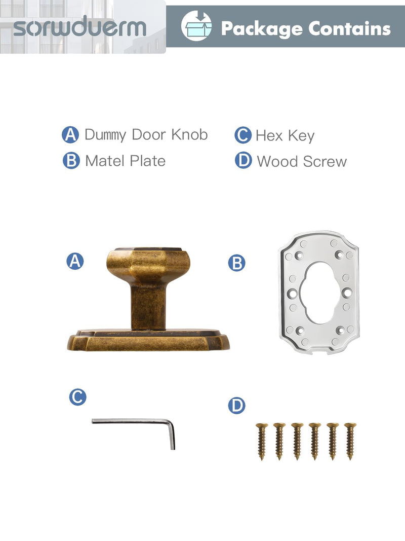 2 Pack Dummy Antique Brass Door Knobs Interior Dummy Door Handle Single Sided Decorative,Zinc Alloy 2