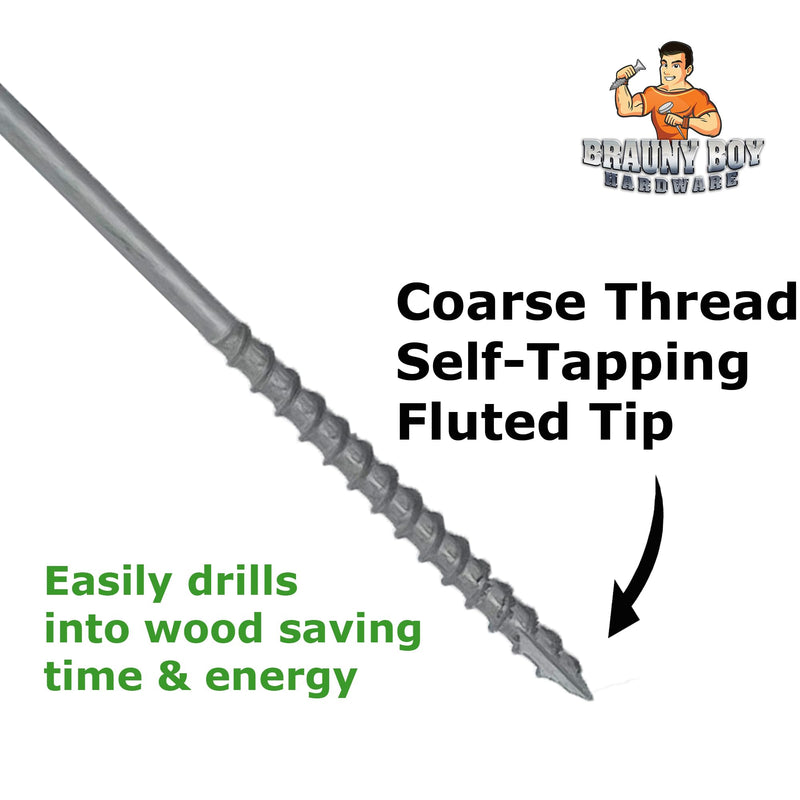 BRAUNY BOY - #12 x 8”- Extra Long Structural Lag Heavy Duty Construction Wood Screw – Galvanized Corrosion Resistant Coating Exterior Timber, Landscape - Easy Flange HEX Head Drive - 8 in - Qty (25) 25