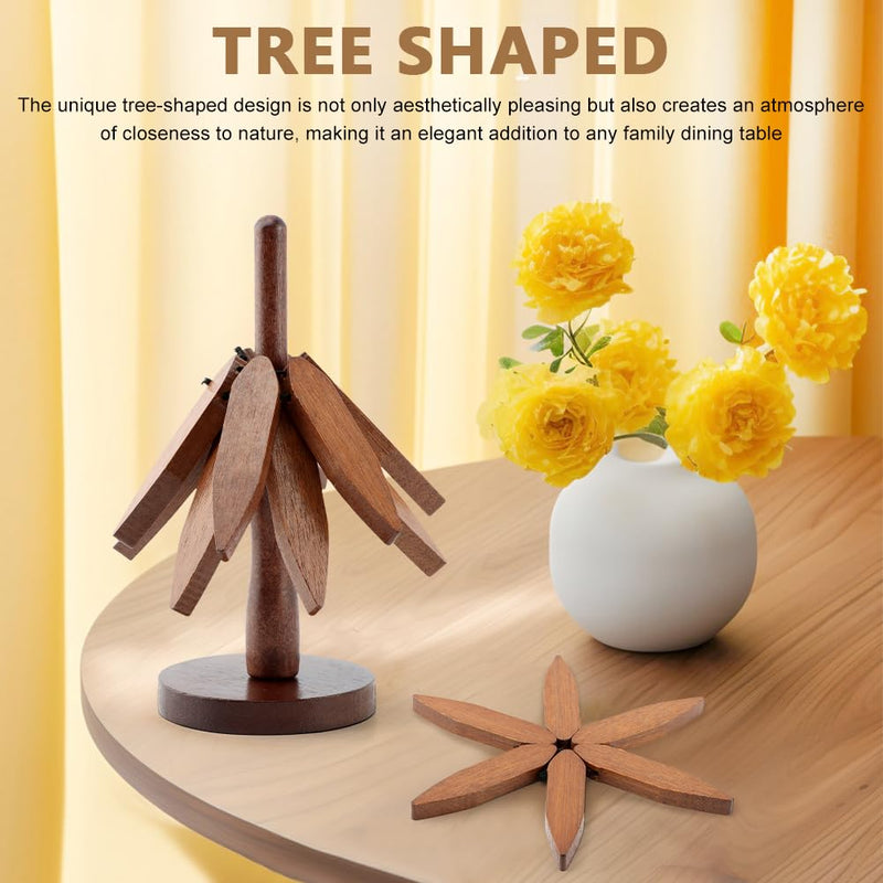Tree Trivet Set, Wooden Tree Coasters for Hot Dishes, Include 5 Wooden Trivets and 1 Stand, Decorative Wooden Trivet Tree for Kitchen and Dining, Foldable Wooden Tree Coasters for Hot Pots&Teapot