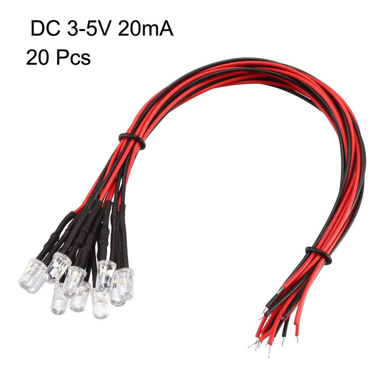 uxcell 20Pcs 5mm Pre Wired LED, Green DC3-5V Clear Lens, Light Emitting Diodes