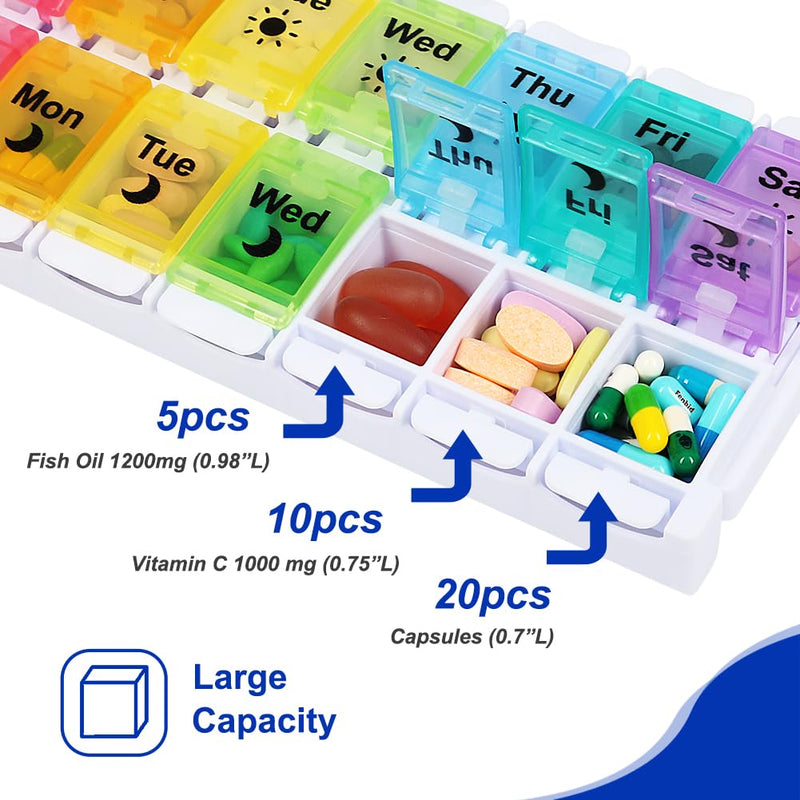 HRX Package Medicine Pill Boxes 7 Day AM/PM, Easy Fill & Open Medication Organizer Vitamin Reminder Holder Day and Night Colorful