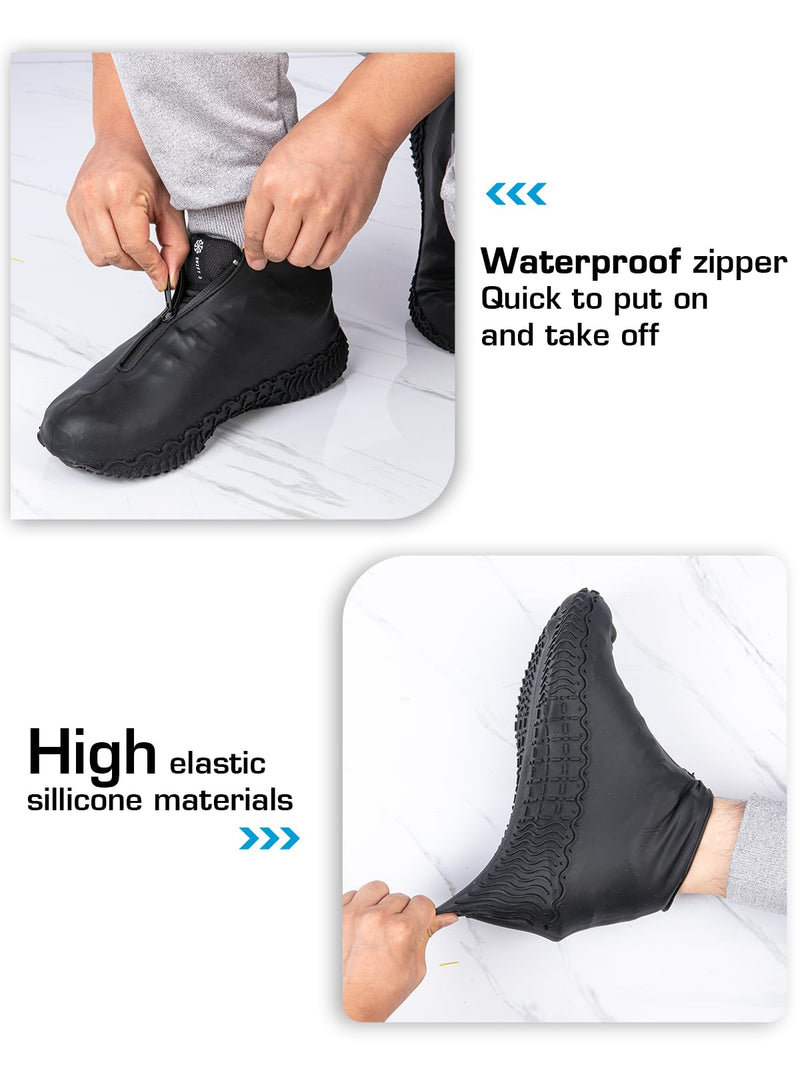 Waterproof Rain Shoe Covers, Silicone Overshoes with Zipper Non-slip Galoshes for Men and Women XL(Women 11-13, Men 9.5-13) Black