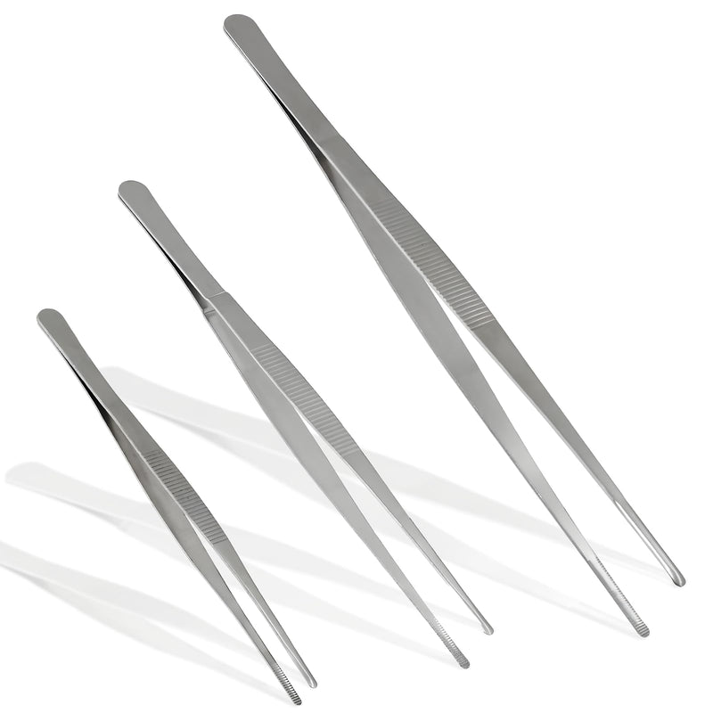 3Pcs Stainless Steel Tweezer Set (8" 10" 12"), Long Tweezers with Precision Serrated Straight Tips, Non-slip Multitool Tweezer for Cooking, Repairing, Medical, Garden 8" 10" 12" (1 Set)