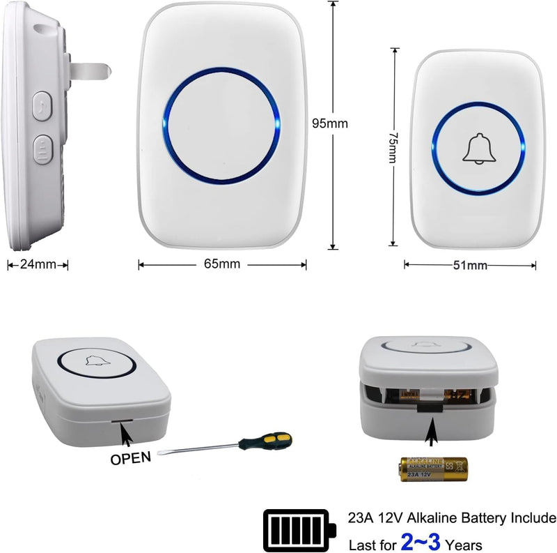 SadoTech Wireless Doorbells for Home - Adjustable Volume with 52 Chimes, 1000Ft Range, Easy Installation, Weatherproof Wireless Doorbell w/LED Flash, White