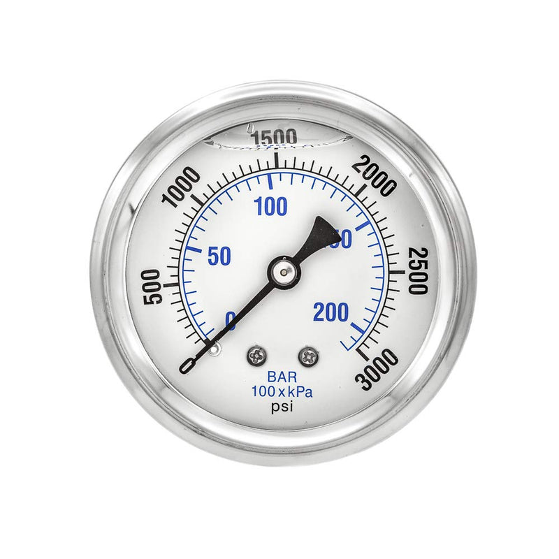 Liquid Filled Center Back Mount Pressure Gauge with 2.5" Dial, 0-3000 PSI, 1/4" Male NPT Connection, Stainless Steel CASE and Bezel (1)