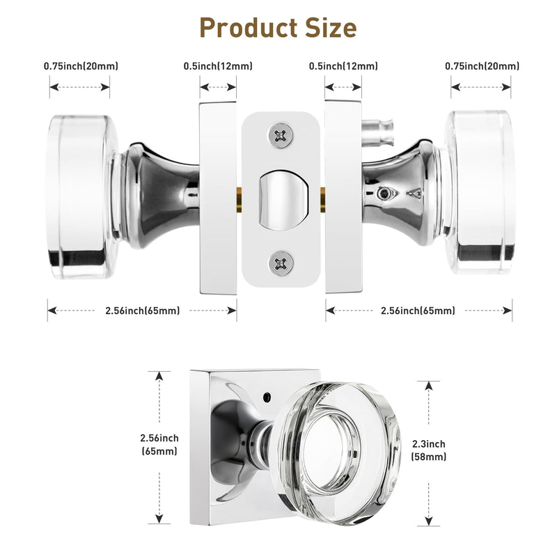 Polished Chrome Door Knobs Interior, Privacy Crystal Glass Door Knobs with Lock for Bathroom Bedroom Privacy-Crystal Polished Chrome