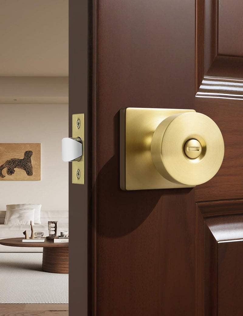Tinewa 1 Pack Gold Interior Privacy Door Knob with Lock, Brushed Brass Bedroom Door Locks, Keyless Privacy Door Handle Locks, Zinc Alloy Heavy Duty Door Knobs on Square Rose