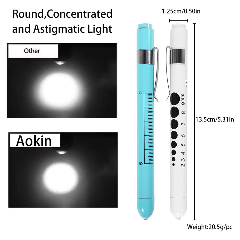 Aokin Pen Light with Pupil Gauge, Reusable LED Penlight Medical for Doctor Nurse Diagnostic etc, White Light, Sky Blue and White