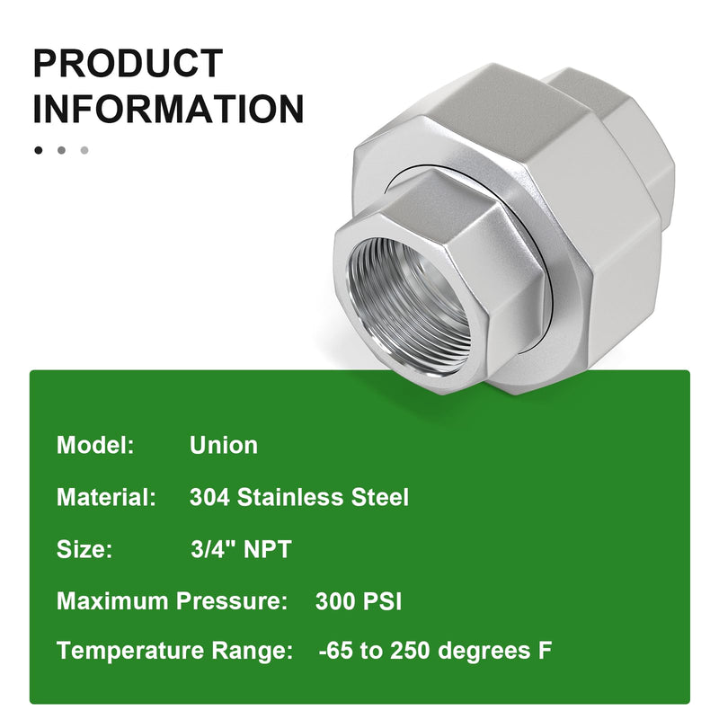 TAISHER 2PCS 304 Stainless Steel Union，3/4" NPT Female Cast Pipe Fitting 3/4" NPT 2
