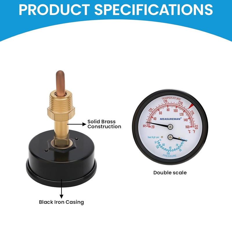 MEASUREMAN Commercial Tridicator Boiler Gauge Kit, 2.5" Dial, 0-75 PSI (ft H₂O) & 70-320°F, 1/4" NPT Back Mount with 1/2" NPT Adapter and O-Ring（2.95'' Stem） 0-75 PSI 70-320°F 2.95'' Stem,with 1/2" NPT Adapter