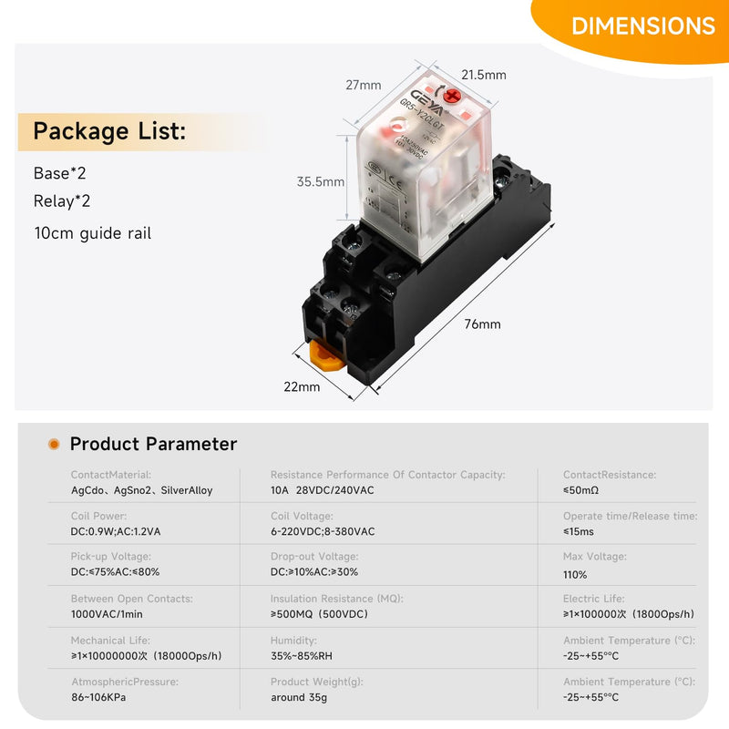 2PCS Electromagnetic Power Relay, 8-Pin DC 12V 10Amp DPDT Relay,LED Indicator, GR5-Y2CLGT with Socket Base and DIN Rail 12VDC-2pcs