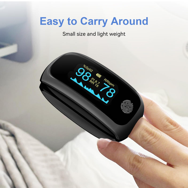 Rechargeable pulse oximeter with respiration, with O2 Pulse Rate PI RR Respiratory Accurate Reliable Oximeter SpO2 Reading Not for medical use Black