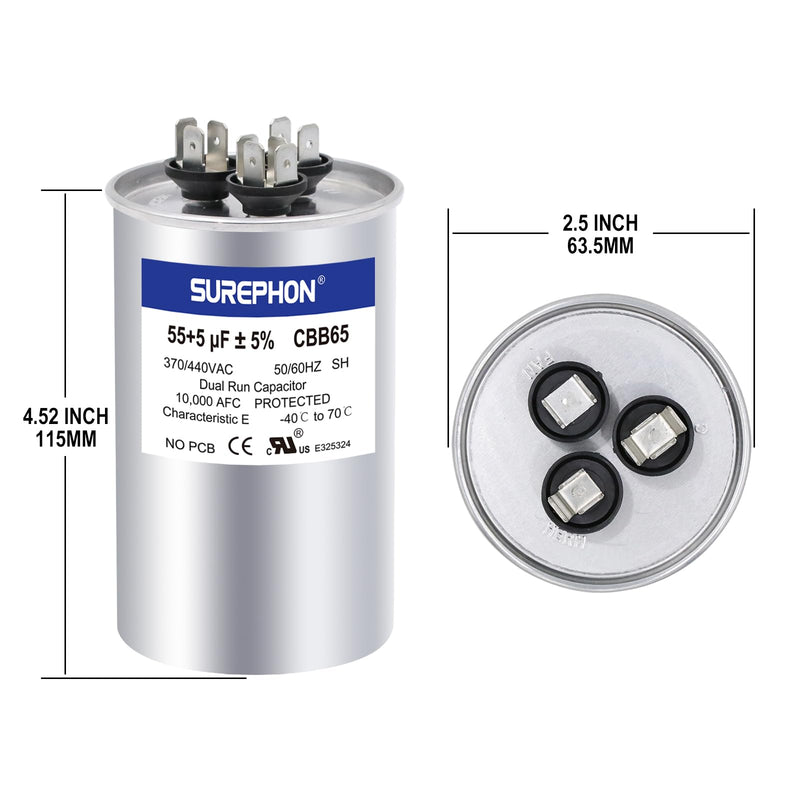 55+5 uF 55/5 MFD ±5% 370V/440VAC Dual Run Start Capacitor CBB65 Works for AC Unit Fan Motor Start or Heat Pump or Condenser Straight Cool 55+5 MFD
