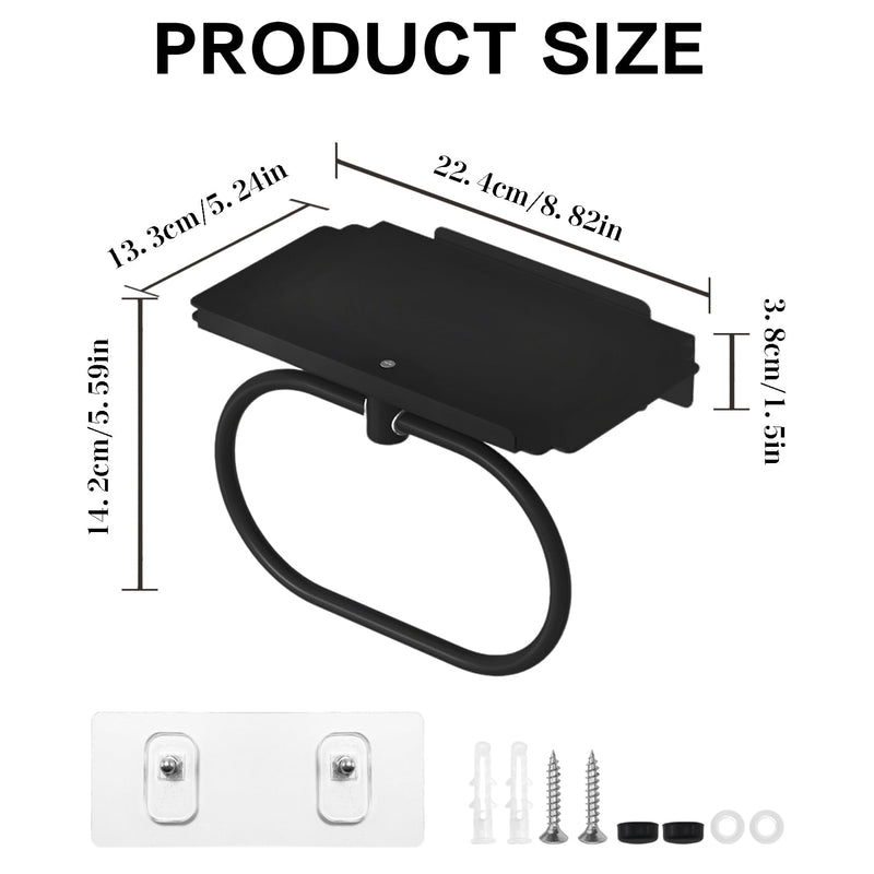 Towel Holder with Shelf, Carbon Steel Heavy Duty Wall Mounted Towel Rack Maijdoany for Bathroom Kitchen, Matte Black Hidden Hand Towel Hanger Ring with Storage Shelf