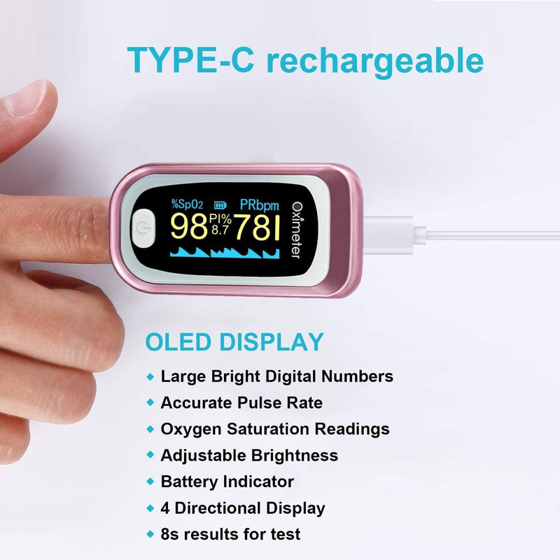 pulse oximeter rechargeable finger heart rate monitor Accurate measurement of SpO2 and heart rate with OLED screen-pink oximeter