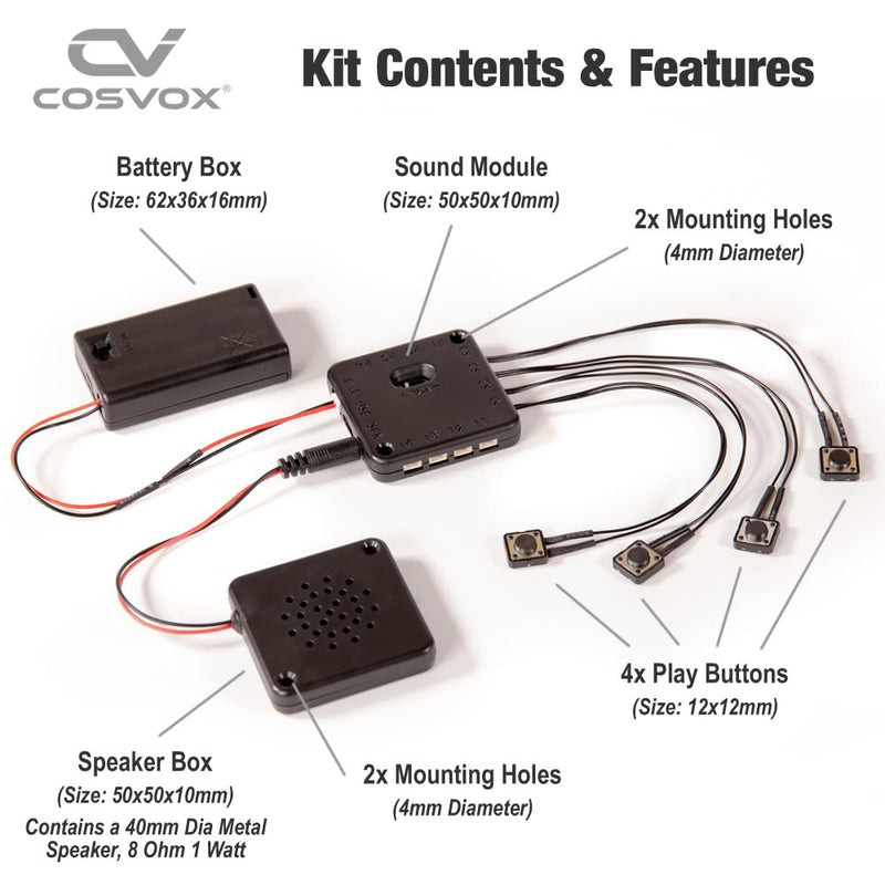 Cosplay Sound Effects Module. DIY Audio MP3 Sound Chip with 4 Push Buttons, 8MB Memory. Add Sound Effects or Music to Your Cosplay Costume Accessories, Crafts, Props and Replicas.