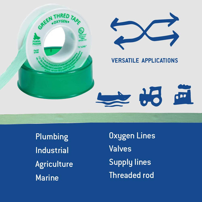 Gasoila Green PTFE Thread Seal Tape – Professional-Grade, 1/2 Inch x 260 Inch, High-Density Tape for Oxygen Lines –Leak-Proof Seal, Non-Toxic,1 Pack 1/2 Inch x 260 Inch Roll