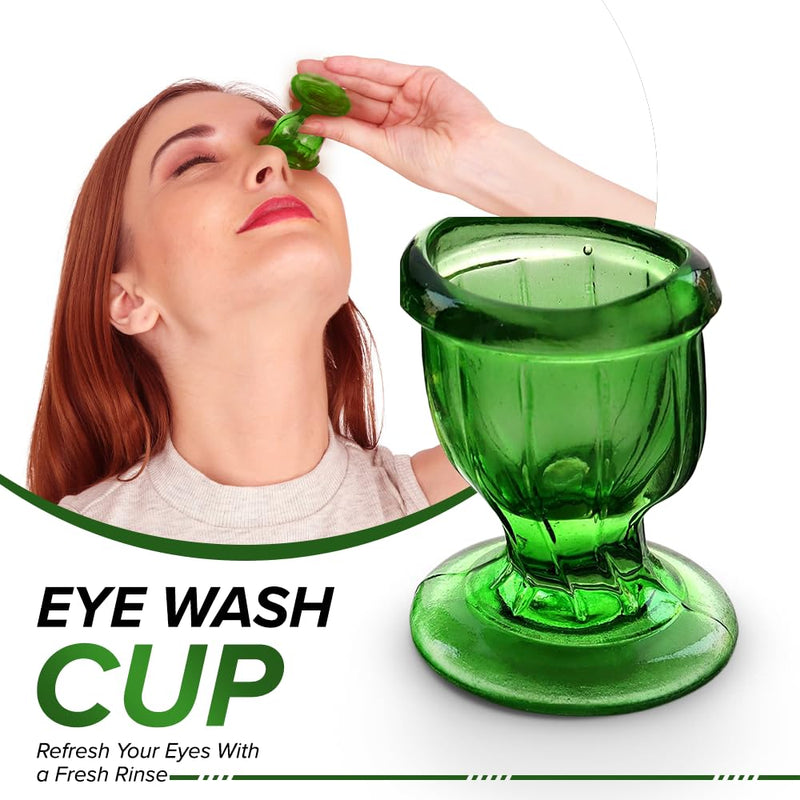 Set of 2 Eye Wash Cups with Storage Container | Eye Cleaner Solution for Tired Eyes, Eyestrain, Makeup and Dust | Eye-Shaped Rim for Eye Rinse and Cleansing - Green Pack of 2