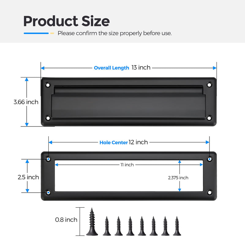 Door Mail Slot 13" Solid Brass Mail Slot for Front Door with Solid Brass Internal Frame, Matte Black
