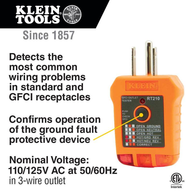 Klein Tools RT210 Outlet Tester, Receptacle Tester for GFCI / Standard North American AC Electrical Outlets, Detects Common Wiring Problems GFCI Testing - NewNest Australia