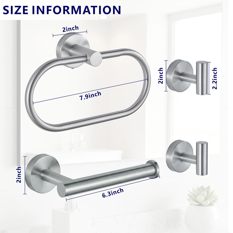 Bathroom Hardware Set Includes Towel Ring, Toilet Paper Holder and 2 Towel Hooks, SUS304 Stainless Steel Modern Wall-Mounted Bathroom Set, Rustproof Bathroom Fitting Set (Brushed Nickel) Brushed Nickel