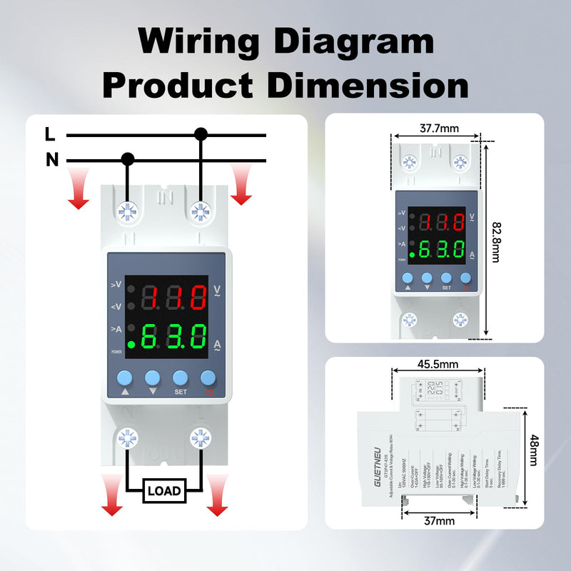Multifunctional Over/Under Voltage Protector, 120VAC 63A, Current & Voltage Adjustable Protective Relay, LED Display, DIN Rail Mount