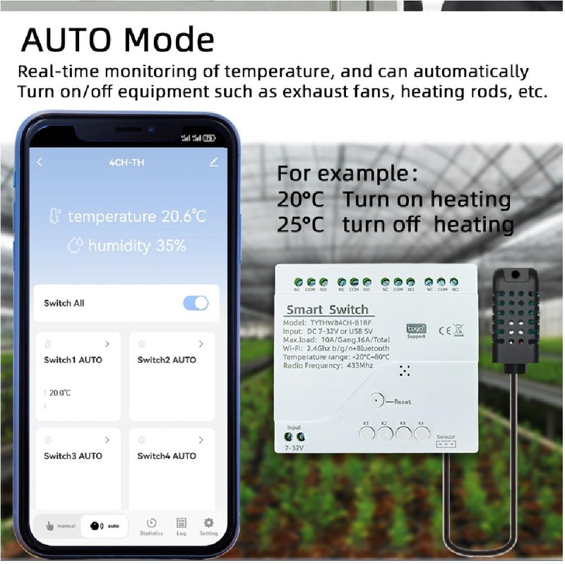 4CH Zigbee Temperature & Humidity Controller Wireless Relay, USB 5V or DC 7-32V Input, Extendable Probe Sensor, -20°C-80°C,Tuya App Remote (DC 7-32V)