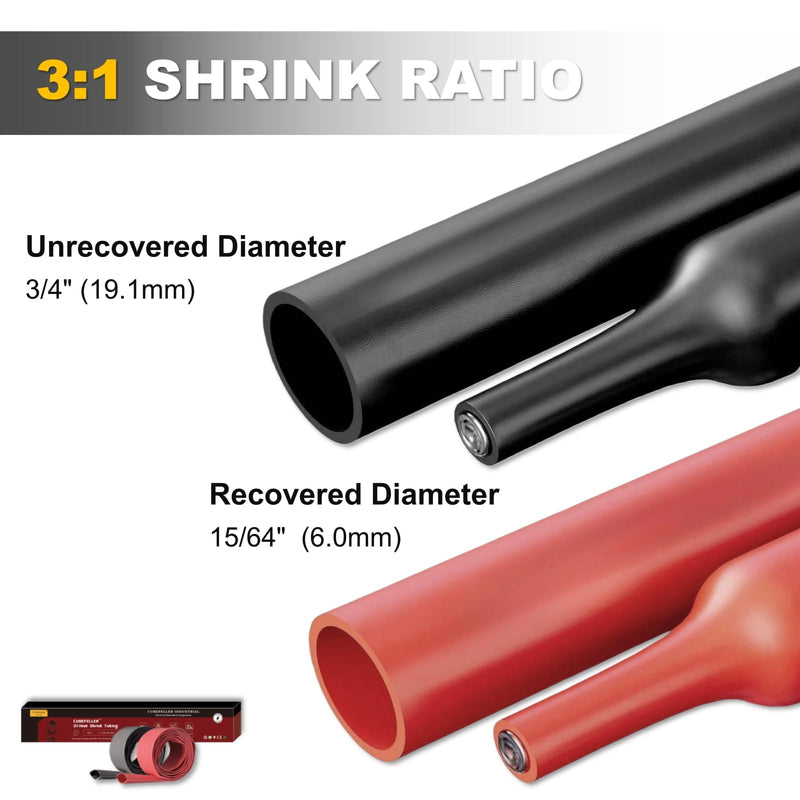 CUBEFELLER® 3:1 Waterproof Heat Shrink Tubing Kit, (3/4 Inch, Black 4Ft & Red 4Ft), Marine Dual Wall Adhesive Shrinkable Wire Wrap Tube, Insulation Sealing Wear-Resistant Cable Protector 19.1mm (3/4") - 4ft*2 Red & Black 1