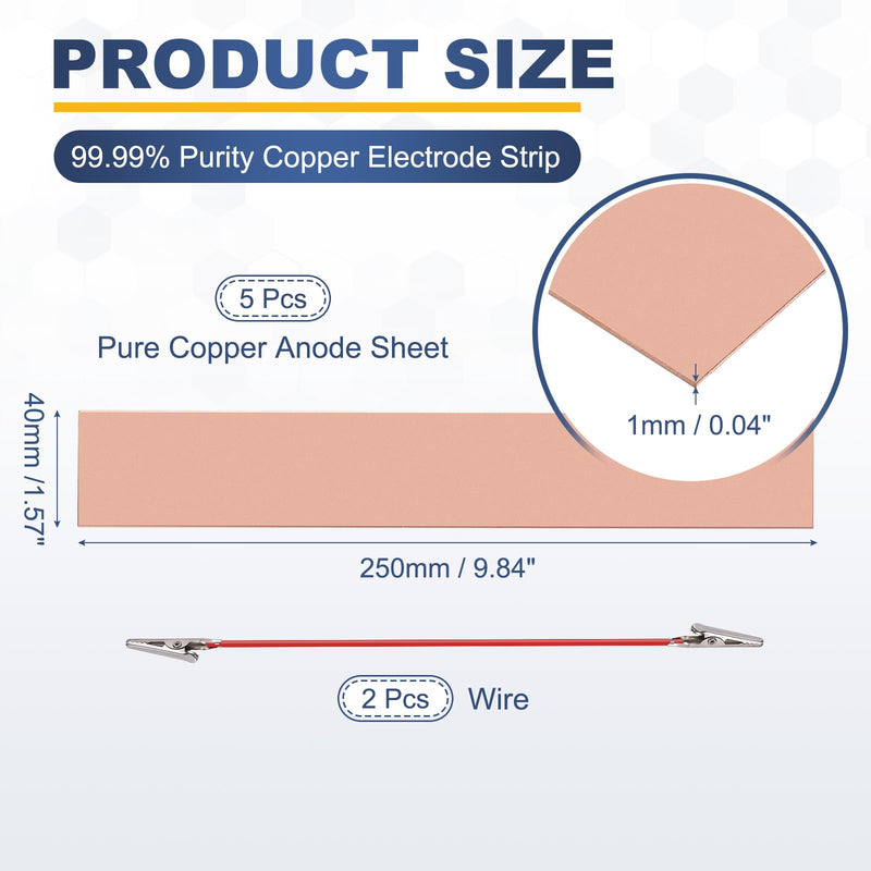 PATIKIL 40x250mm Copper Anode Sheet, 5 Pack Pure Copper Strip (99.995% Pure) 1mm Thick Plate Electrode Set with Alligator Clips Cables for Electroplating Plating Experiment
